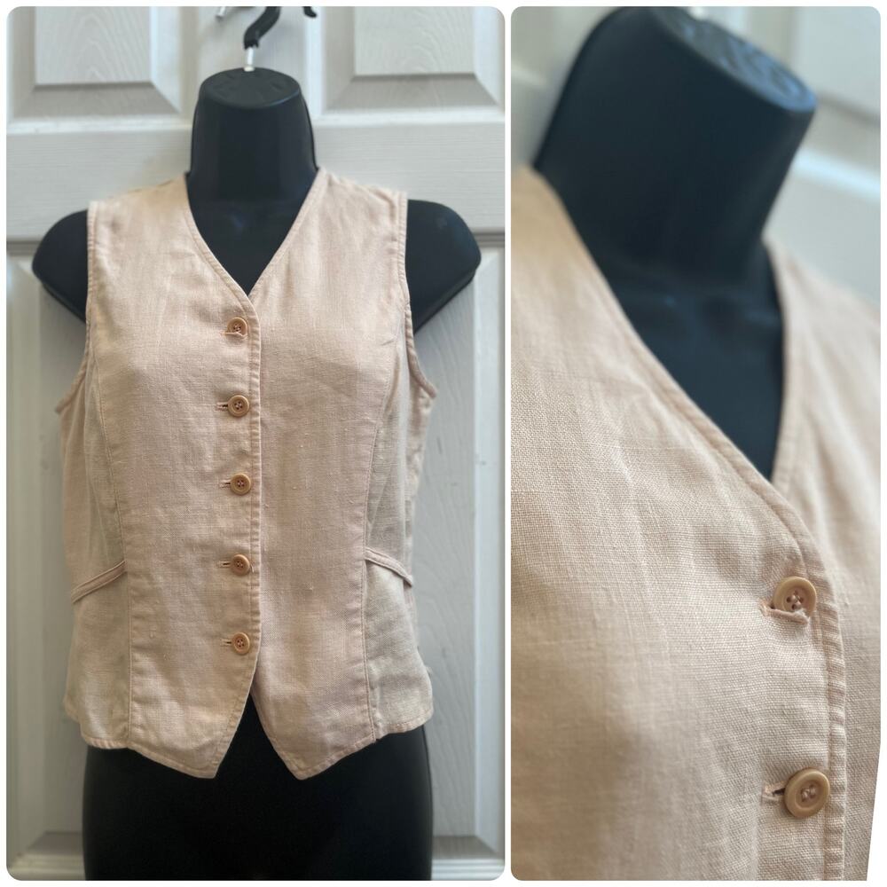 Vintage Ann Taylor Linen Boho XS Small V Neck Back Tie Button Front Vest